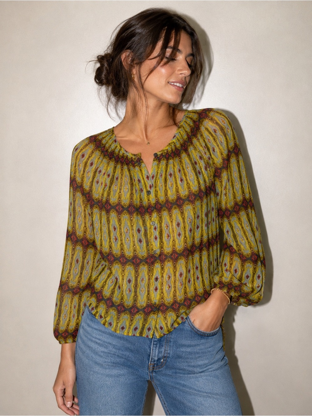 Sundance 100% Silk Printed Peasant Blouse XS